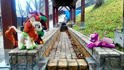 Size: 2048x1152 | Tagged: artist:hihin1993, autumn blaze, cheerilee, cinder glow, derpibooru import, hot springs, irl, japan, path, pavement, photo, plushie, safe, summer flare