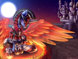 Size: 4000x3000 | Tagged: safe, artist:cornelia_nelson, derpibooru import, oc, unofficial characters only, pony, armor, artificial wings, augmented, canterlot castle, fantasy class, fire, fullshade, magic, magic wings, moon, night, sad, warrior, wings