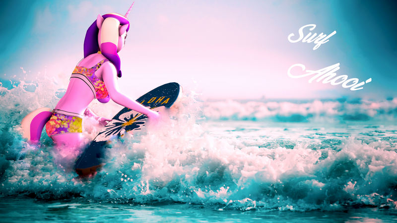 Size: 3840x2160 | Tagged: 3d, 4k, anthro, artist:apexpredator923, bikini, clothes, derpibooru import, female, mare, ocean, princess cadance, safe, solo, source filmmaker, surfboard, swimsuit, text, wallpaper, writing