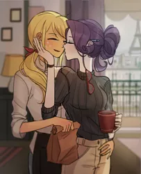 Size: 1300x1600 | Tagged: safe, artist:tcn1205, derpibooru import, applejack, rarity, equestria girls, clothes, digital art, eiffel tower, eyes closed, female, kissing, lesbian, paris, rarijack, shipping, smiling