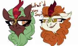 Size: 1280x765 | Tagged: annoyed, artist:nekosnicker, autumn blaze, autumn blazed, bust, cinder glow, cinder glow is not amused, derpibooru import, dialogue, drugs, female, high, joint, kirin, mare, marijuana, safe, simple background, smoking, stoned, summer flare, white background