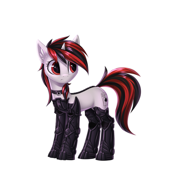 Size: 1704x1794 | Tagged: safe, artist:setharu, derpibooru import, oc, oc:blackjack, unofficial characters only, cyborg, pony, unicorn, fallout equestria, fallout equestria: project horizons, fanfic, amputee, augmented, cyber legs, fanfic art, female, hooves, horn, level 2 (project horizons), mare, prosthetic leg, prosthetic limb, prosthetics, simple background, solo, transparent background