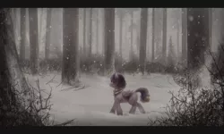 Size: 2829x1700 | Tagged: safe, artist:ventious, derpibooru import, oc, oc:tiny stitch, unofficial characters only, pegasus, pony, cold, collar, cutie mark, dark, detailed background, female, forest, mare, multicolored hair, sad, scenery, snow, snowfall, solo, wallpaper, winter