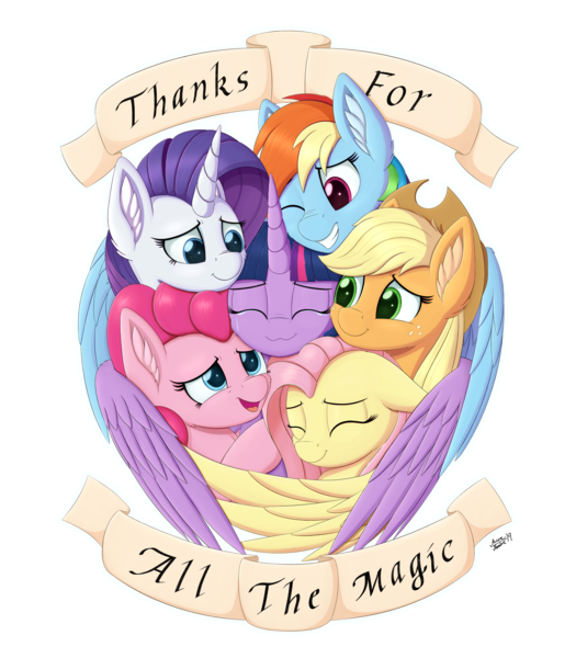 Size: 3500x4000 | Tagged: safe, artist:arcane-thunder, derpibooru import, applejack, fluttershy, pinkie pie, rainbow dash, rarity, twilight sparkle, twilight sparkle (alicorn), alicorn, earth pony, pegasus, pony, unicorn, applejack's hat, banner, cheek fluff, cowboy hat, crying, cute, ear fluff, end of ponies, eyes closed, female, freckles, group, group hug, hat, high res, hug, mane six, mare, one eye closed, open mouth, simple background, smiling, stetson, tears of joy, text, transparent background, wings