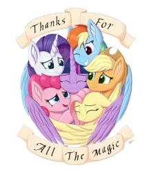 Size: 3500x4000 | Tagged: safe, artist:arcane-thunder, derpibooru import, applejack, fluttershy, pinkie pie, rainbow dash, rarity, twilight sparkle, twilight sparkle (alicorn), alicorn, earth pony, pegasus, pony, unicorn, applejack's hat, banner, cheek fluff, cowboy hat, crying, cute, ear fluff, end of ponies, eyes closed, female, freckles, group, group hug, hat, high res, hug, mane six, mare, one eye closed, open mouth, simple background, smiling, stetson, tears of joy, text, transparent background, wings