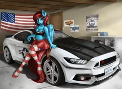 Size: 1940x1423 | Tagged: anthro, artist:pony-way, belly button, car, clothes, derpibooru import, female, ford, ford mustang, looking at you, mustang, oc, oc:lucid heart, pegasus, safe, socks, solo, sportscar, striped socks, unguligrade anthro, unofficial characters only