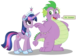 Size: 5283x3892 | Tagged: adult, adult spike, alicorn, artist:aleximusprime, big crown thingy, boomer, boop, chubby, chubby spike, derpibooru import, dragon, duo, duo male and female, edit, element of magic, fat, fat spike, flurry heart's story, jewelry, looking at each other, noseboop, ok boomer, older, older spike, plump, regalia, safe, spike, teasing, teen spiked, twilight sparkle, twilight sparkle (alicorn), winged spike