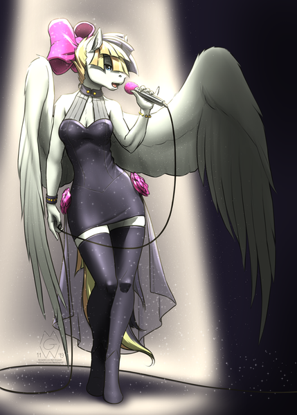 Size: 2250x3150 | Tagged: anthro, artist:mykegreywolf, bow, clothes, derpibooru import, dress, female, hair bow, mare, microphone, my little pony: the movie, pegasus, safe, singing, socks, solo, songbird serenade, spotlight, stockings, thigh highs, unguligrade anthro, zettai ryouiki