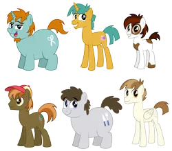 Size: 7213x6358 | Tagged: safe, artist:aleximusprime, derpibooru import, button mash, featherweight, pipsqueak, snails, snips, truffle shuffle, earth pony, pegasus, pony, unicorn, adult, chubby, facial hair, fat, goatee, grown ups, hat, male, older, show accurate, slim, stallion, tall, teenager, thin
