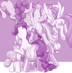 Size: 1280x1296 | Tagged: safe, artist:dstears, derpibooru import, apple bloom, applejack, fluttershy, pinkie pie, rainbow dash, rarity, scootaloo, sweetie belle, twilight sparkle, twilight sparkle (alicorn), alicorn, earth pony, pegasus, pony, unicorn, butt, cute, cutie mark crusaders, digital art, female, filly, mane six, mare, monochrome, pinkie being pinkie, pinkie physics, plot, rear view