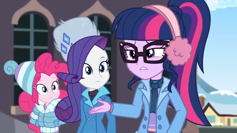 Size: 1600x900 | Tagged: safe, derpibooru import, screencap, pinkie pie, rarity, sci-twi, twilight sparkle, equestria girls, equestria girls series, holidays unwrapped, spoiler:eqg series (season 2), clothes, coat, earmuffs, glasses, hat, house, jacket, ponytail, toque, ushanka, window, winter outfit