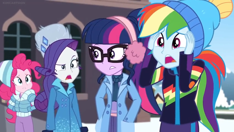Size: 1600x900 | Tagged: safe, derpibooru import, edit, edited screencap, screencap, pinkie pie, rarity, sci-twi, twilight sparkle, equestria girls, equestria girls series, holidays unwrapped, spoiler:eqg series (season 2), appalled, clothes, coat, earmuffs, glasses, hands in pockets, hat, jacket, ponytail, shocked, toque, ushanka, window, winter, winter outfit, worried