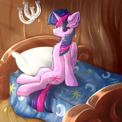 Size: 1500x1500 | Tagged: safe, artist:oblique, derpibooru import, twilight sparkle, twilight sparkle (alicorn), alicorn, pony, bed, bedroom, big hair, bipedal, chest fluff, crepuscular rays, detailed background, ear fluff, female, golden oaks library, horseshoes, lighting, looking at you, mare, pillow, sitting, smiling, solo, sunlight