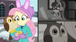 Size: 1600x900 | Tagged: safe, derpibooru import, screencap, chad (owl), fluttershy, sci-twi, twilight sparkle, bird, owl, equestria girls, equestria girls series, holidays unwrapped, spoiler:eqg series (season 2), bunny ears, clothes, coat, computer, earmuffs, fluttershy's winter hat, glasses, jacket, laptop computer, mobile phone, phone, ponytail, sepia, smartphone, snow, split screen, winter, winter outfit