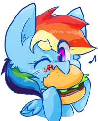 Size: 900x1107 | Tagged: safe, artist:temmie-kun, derpibooru import, rainbow dash, pony, burger, cute, dashabetes, eating, food, hamburger, ketchup, meat, one eye closed, ponies eating meat, sauce, simple background, solo, transparent background