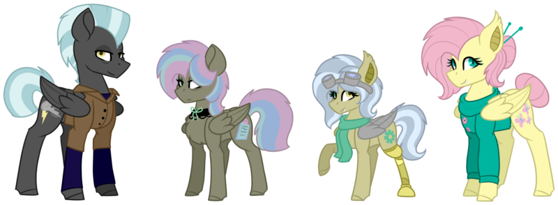 Size: 1583x582 | Tagged: safe, artist:king-justin, derpibooru import, fluttershy, thunderlane, oc, oc:moody hailstorm, oc:timid gear, pony, alternate hairstyle, amputee, choker, clothes, congenital amputee, family, fangs, female, goggles, hair bun, heterochromia, jacket, male, offspring, parent:fluttershy, parent:thunderlane, parents:thundershy, prosthetic leg, prosthetic limb, prosthetics, shipping, straight, sweater, sweatershy, thundershy