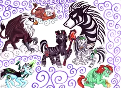 Size: 3506x2550 | Tagged: safe, artist:whitefangkakashi300, derpibooru import, oc, oc:ananzi, oc:birthmark, oc:fire storm, oc:kirikou, oc:lion heart, oc:skyfall, unofficial characters only, gryphon, pegasus, pony, unicorn, zebra, abstract background, adopted offspring, cloak, clothes, crying, female, griffon oc, hoof hold, knife, magical parthenogenic spawn, magical self-spawn, male, mare, mouth hold, next generation, offspring, parent:gilda, parent:lightning dust, parent:trixie, parent:unknown, parent:zecora, ribbon, scarf, staff, stallion, traditional art, zebra oc