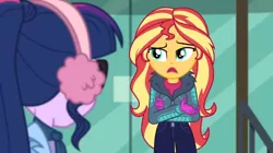 Size: 1600x898 | Tagged: safe, derpibooru import, screencap, sci-twi, sunset shimmer, twilight sparkle, equestria girls, equestria girls series, holidays unwrapped, spoiler:eqg series (season 2), clothes, earmuffs, glass door, gloves, jacket, winter outfit
