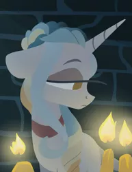 Size: 2550x3300 | Tagged: safe, artist:herfaithfulstudent, derpibooru import, oc, oc:lannister, unofficial characters only, pony, unicorn, brick wall, candle, candlestick, collar, fire, lineless, solo