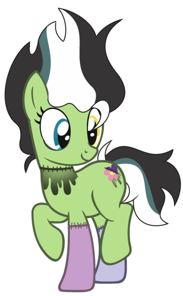 Size: 1569x2530 | Tagged: safe, artist:celestial-rue0w0, artist:pegasski, derpibooru import, oc, oc:haunted stiches, unofficial characters only, earth pony, pony, base used, commission, female, frankenpony, frankenstein's monster, heterochromia, mare, multicolored hair, raised hoof, raised leg, simple background, solo, stitches, transparent background