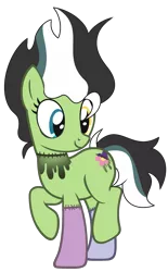 Size: 1569x2530 | Tagged: safe, artist:celestial-rue0w0, artist:pegasski, derpibooru import, oc, oc:haunted stiches, unofficial characters only, earth pony, pony, base used, commission, female, frankenpony, frankenstein's monster, heterochromia, mare, multicolored hair, raised hoof, raised leg, simple background, solo, stitches, transparent background