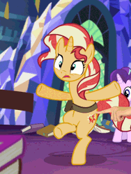 Size: 450x600 | Tagged: safe, derpibooru import, edit, edited screencap, editor:hotkinkajou, screencap, starlight glimmer, sunset shimmer, pony, unicorn, equestria girls, mirror magic, spoiler:eqg specials, animated, bag, bipedal, cropped, cute, cutie mark, disembodied hand, female, flailing, gif, hand, in the human world for too long, library, majestic as fuck, mare, motion blur, motion lines, perfect loop, saddle bag, shimmerbetes, solo focus, stumbling, twilight's castle
