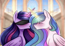 Size: 4093x2894 | Tagged: suggestive, artist:chickenbrony, derpibooru import, princess celestia, twilight sparkle, twilight sparkle (alicorn), alicorn, pony, blindfold, blushing, drool, drool string, eyes closed, female, horn, horns are touching, kissing, lesbian, magic, mare, shipping, sloppy kissing, twilestia
