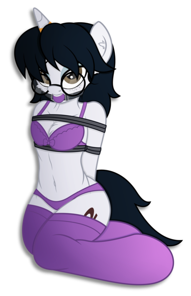 Size: 1955x3026 | Tagged: suggestive, artist:digiqrow, deleted from derpibooru, derpibooru import, oc, oc:corvinia, pony, semi-anthro, unicorn, arm behind back, ballgag, belly button, bondage, bra, bra on pony, chest fluff, clothes, freckles, gag, glasses, horn, horn ring, kneeling, magic suppression, panties, ring, rope, simple background, socks, stockings, thigh highs, transparent background, underwear