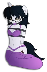 Size: 1955x3026 | Tagged: suggestive, artist:digiqrow, deleted from derpibooru, derpibooru import, oc, oc:corvinia, pony, semi-anthro, unicorn, arm behind back, ballgag, belly button, bondage, bra, bra on pony, chest fluff, clothes, freckles, gag, glasses, horn, horn ring, kneeling, magic suppression, panties, ring, rope, simple background, socks, stockings, thigh highs, transparent background, underwear