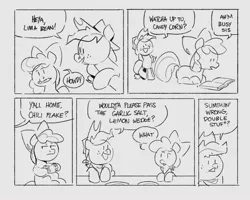 Size: 2048x1640 | Tagged: safe, artist:kylesmeallie, derpibooru import, apple bloom, applejack, earth pony, pony, book, bow, comic, cowboy hat, female, filly, grayscale, hair bow, hat, mare, monochrome, mouth hold, pencil, siblings, sisters