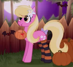Size: 1800x1640 | Tagged: safe, artist:rioshi, artist:sparkling_light, artist:starshade, derpibooru import, lily, lily valley, bat, earth pony, pony, bow, clothes, cute, female, fence, flower, flower in hair, halloween, holiday, mare, moon, mouth hold, night, pumpkin, pumpkin bucket, smiling, socks, solo, striped socks, tail bow, tree