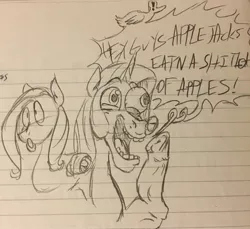 Size: 2048x1874 | Tagged: safe, artist:smogslog, derpibooru import, fluttershy, rarity, pegasus, pony, unicorn, .mov, dialogue, faic, female, lined paper, mare, monochrome, open mouth, shout, sketch, traditional art