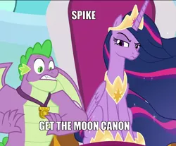 Size: 1303x1078 | Tagged: alicorn, caption, cropped, crown, derpibooru import, edit, edited screencap, image macro, jewelry, meme, misspelling, princess twilight 2.0, regalia, safe, screencap, spike, text, the last problem, to the moon, twilight sparkle, twilight sparkle (alicorn)