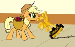 Size: 1249x782 | Tagged: safe, artist:mkogwheel, artist:wenni, derpibooru import, edit, applejack, earth pony, pony, applebuck season, /mlp/, apple, basket, cowboy hat, dragging, female, food, gold, golden, hat, mare, miss /mlp/, miss /mlp/ 2019, mouth hold, property damage, saddle basket, scene interpretation, solo, tired, tiredjack, trophy