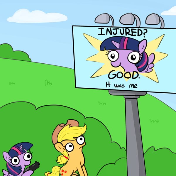 Size: 3000x3000 | Tagged: safe, artist:tjpones, derpibooru import, edit, applejack, twilight sparkle, twilight sparkle (alicorn), alicorn, pegasus, pony, sparkles! the wonder horse!, behind you, billboard, derp, female, frown, gun, handgun, hoof hold, imminent death, imminent murder, imminent pain, mare, meme, pistol, sitting, smiling, this will end in death, this will end in tears, this will end in tears and/or death, twibitch sparkle, weapon, wide eyes