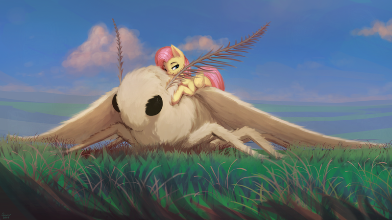 Size: 1920x1080 | Tagged: safe, artist:quvr, derpibooru import, fluttershy, giant moth, insect, moth, pegasus, pony, female, fluffy, giant insect, looking at you, mare, one eye closed, size difference, smiling, solo