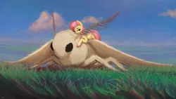 Size: 1920x1080 | Tagged: safe, artist:quvr, derpibooru import, fluttershy, giant moth, insect, moth, pegasus, pony, female, fluffy, giant insect, looking at you, mare, one eye closed, size difference, smiling, solo
