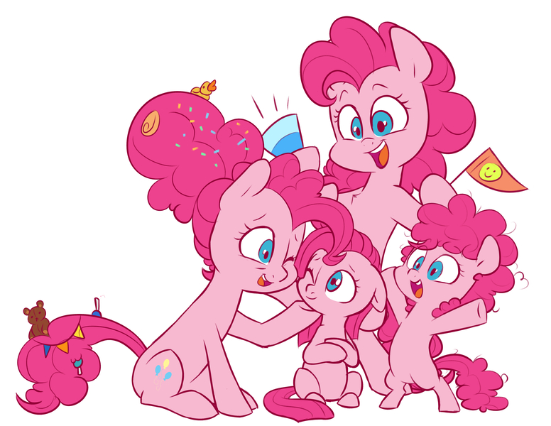 Size: 4338x3355 | Tagged: safe, artist:chub-wub, derpibooru import, part of a set, pinkie pie, earth pony, pony, the last problem, age progression, bipedal, cute, diapinkes, female, filly, filly pinkie pie, flag, mare, multeity, older, older pinkie pie, one eye closed, open mouth, party horn, pinkamena diane pie, self ponidox, simple background, smiling, solo, too much pink energy is dangerous, white background, younger