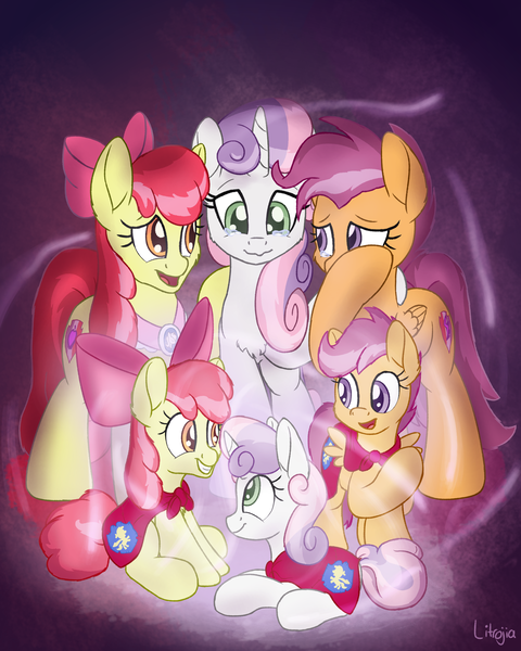 Size: 2000x2500 | Tagged: safe, artist:litrojia, derpibooru import, apple bloom, scootaloo, sweetie belle, earth pony, pegasus, pony, unicorn, the last problem, abstract background, cape, cheek fluff, chest fluff, clothes, cmc cape, crying, cute, cutie mark crusaders, end of ponies, female, filly, goldie delicious' scarf, high res, magic, mare, older, older apple bloom, older cmc, older scootaloo, older sweetie belle, open mouth, scarf, smiling, tears of joy