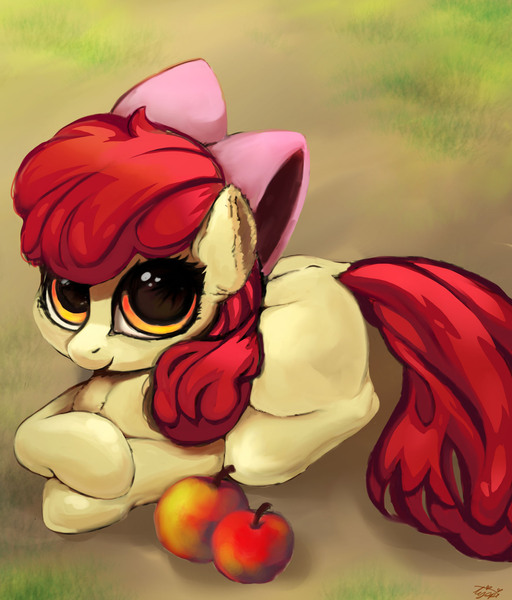 Size: 1460x1711 | Tagged: safe, artist:tijopi, derpibooru import, apple bloom, earth pony, pony, adorabloom, apple, blank flank, cute, dock, ear fluff, female, filly, food, looking at you, prone, solo