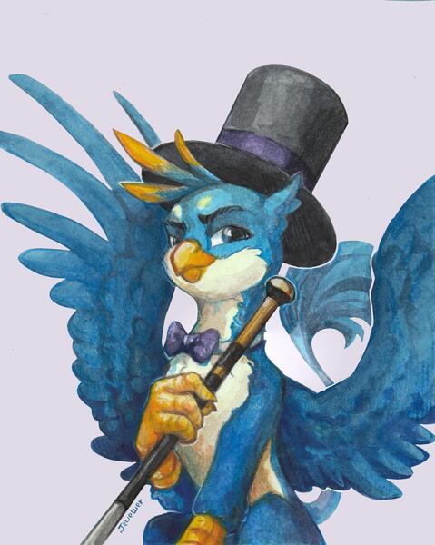 Size: 1280x1603 | Tagged: safe, artist:jewellier, derpibooru import, gallus, gryphon, bowtie, cane, classy, dapper, hat, male, simple background, smiling, solo, spread wings, top hat, traditional art, white background, wings