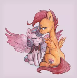 Size: 1872x1892 | Tagged: safe, artist:jewellier, derpibooru import, princess flurry heart, scootaloo, alicorn, pegasus, pony, cape, clothes, cute, cutie mark, eyes closed, female, flurrybetes, gray background, large wings, lidded eyes, looking back, mare, older, older flurry heart, older scootaloo, simple background, sitting, smiling, the cmc's cutie marks, traditional art, white background, wing envy, wings