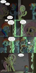 Size: 2000x4000 | Tagged: safe, artist:skitter, derpibooru import, fluttershy, rainbow dash, pegasus, pony, comic:secret of the haunted nursery, abandoned, age regression, baby, baby dash, comic, dialogue, female, filly, filly rainbow dash, flashlight (object), floppy ears, glow, haunted house, high res, magic, mirror, mouth hold, nursery, onomatopoeia, open mouth, raised hoof, scared, sound effects, speech bubble, spread wings, transformation, wide eyes, wings, younger