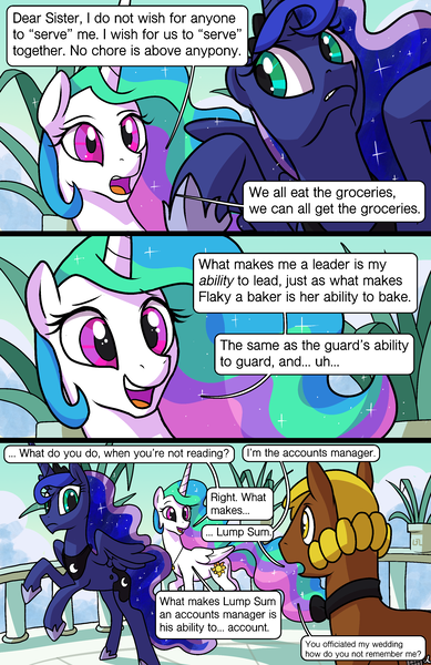 Size: 1990x3072 | Tagged: safe, artist:docwario, derpibooru import, princess celestia, princess luna, oc, oc:lump sum, alicorn, earth pony, pony, comic:royal chores, comic, dialogue, royal sisters, speech bubble