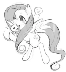 Size: 621x671 | Tagged: safe, artist:mococo, derpibooru import, angel bunny, fluttershy, pegasus, pony, blushing, cute, duo, female, grayscale, heart, mare, monochrome, shyabetes, solo, speech bubble