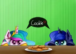 Size: 3507x2480 | Tagged: safe, artist:victoria-luna, derpibooru import, princess celestia, princess luna, alicorn, pony, chocolate chip cookies, cookie, cute, cutelestia, dialogue, duo, ear fluff, eyes on the prize, female, food, heart, lunabetes, mare, peeking, plate, royal sisters, signature, speech bubble, table