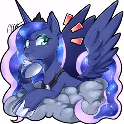 Size: 414x412 | Tagged: safe, artist:mococo, derpibooru import, princess luna, alicorn, pony, cloud, crown, cute, female, hoof shoes, jewelry, lunabetes, mare, on a cloud, regalia, simple background, solo, white background