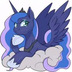 Size: 547x547 | Tagged: safe, artist:mococo, derpibooru import, princess luna, alicorn, pony, cloud, crown, cute, female, hoof shoes, jewelry, lunabetes, mare, on a cloud, regalia, simple background, solo, white background