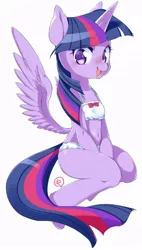 Size: 444x782 | Tagged: safe, alternate version, artist:mococo, derpibooru import, twilight sparkle, twilight sparkle (alicorn), alicorn, pony, semi-anthro, adorasexy, anatomically incorrect, blushing, bow, bra, clothes, crop top bra, cute, female, incorrect leg anatomy, looking at you, mare, open mouth, panties, ribbon, sexy, simple background, sitting, solo, spread wings, twiabetes, underwear, white background, white underwear, wings