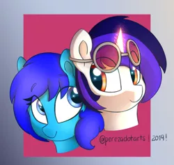 Size: 1785x1692 | Tagged: safe, artist:perezadotarts, derpibooru import, oc, pony, unicorn, bust, colored, digital art, eye clipping through hair, glowing horn, goggles, horn, request, simple background, smiling, text